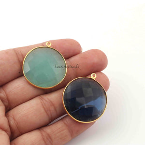 2 Pcs Mix Stone  24k Gold Plated  Faceted Round Shape Gemstone Bezel Single Bail Pendant - 31mmx28mm PC635 - Tucson Beads