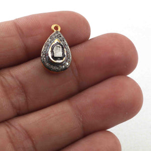 1 Pc Pave Diamond Center In Rosecut Diamond Pendant - 925 Sterling Vermeil - Pear Polki Pendant 17mmx10mm PDC1053 - Tucson Beads