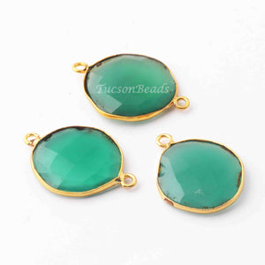 3 Pcs Green Onyx  24k Gold Plated  Faceted Round Shape Gemstone Bezel Double Bail Connector- 23mmx17mm-27mmx19mm  PC655 - Tucson Beads