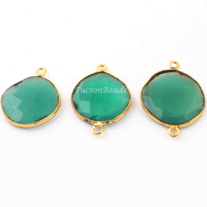 3 Pcs Green Onyx  24k Gold Plated  Faceted Round Shape Gemstone Bezel Double Bail Connector- 23mmx17mm-27mmx19mm  PC655 - Tucson Beads