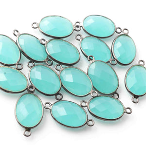 14 Pcs Aqua Chalcedony Oxidized Sterling Silver Gemstone Faceted Oval Shape Double Bail Connector -20mmx11mm  SS281 - Tucson Beads