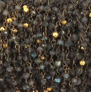 5 Feet Labradorite and Gold Pyrite Black Wire Wrapped Rosary Beaded Chain- Labradorite Pyrite Rosary Chain Bdb017 - Tucson Beads