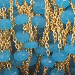 3 Feet Blue Chalcedony Rondelles Beaded Chain - Blue Chalcedony wire wrapped 24 k Gold plated Chain BD459 - Tucson Beads