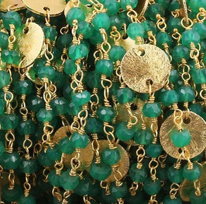 5 Feet Green Onyx With Brushed Round Coin 4mm 24K Gold Plated Wire Wrapped Rosary Style Beaded Chain BDG105 - Tucson Beads